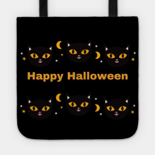Happy Halloween, Orange and Black cat eyes with white triangle ears and half moons Tote