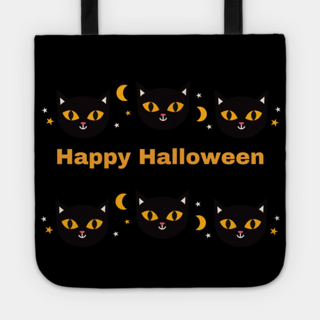 Happy Halloween, Orange and Black cat eyes with white triangle ears and half moons Tote by BirdsnStuff