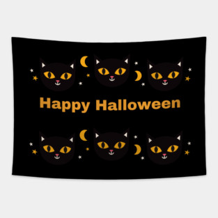 Happy Halloween, Orange and Black cat eyes with white triangle ears and half moons Tapestry