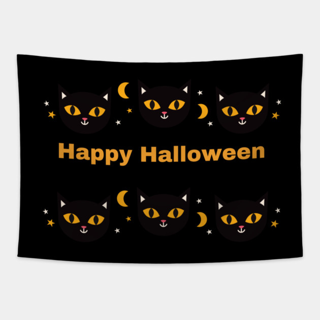 Happy Halloween, Orange and Black cat eyes with white triangle ears and half moons Tapestry by BirdsnStuff