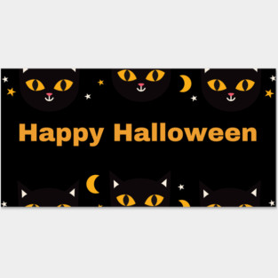 Happy Halloween, Orange and Black cat eyes with white triangle ears and half moons Posters and Art