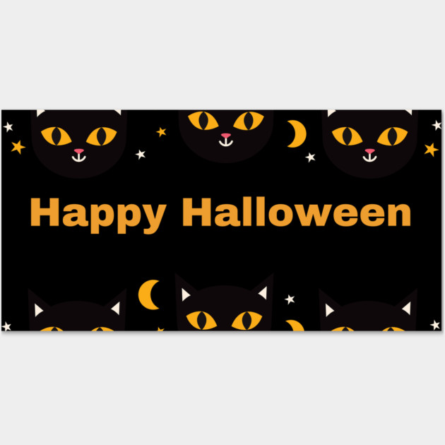 Happy Halloween, Orange and Black cat eyes with white triangle ears and half moons Wall Art by BirdsnStuff