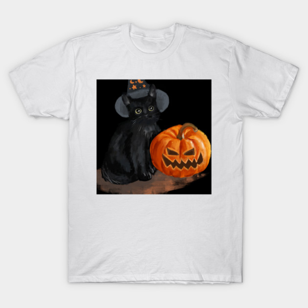Halloween Cat with Scary Orange Pumpkin and Party Hat T-Shirt by BirdsnStuff