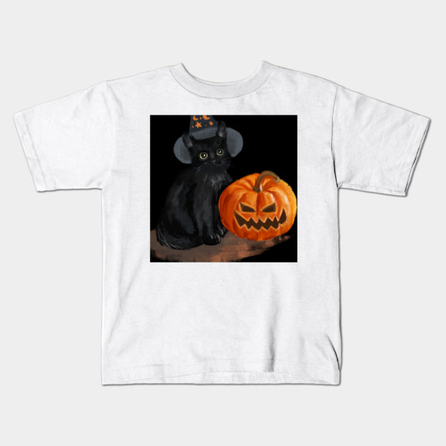 Halloween Cat with Scary Orange Pumpkin and Party Hat Kids T-Shirt by BirdsnStuff