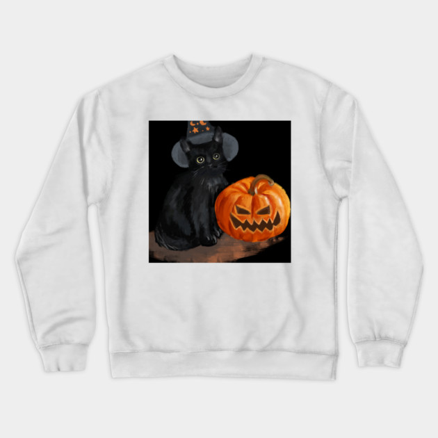 Halloween Cat with Scary Orange Pumpkin and Party Hat Crewneck Sweatshirt by BirdsnStuff