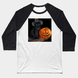 Halloween Cat with Scary Orange Pumpkin and Party Hat Baseball T-Shirt