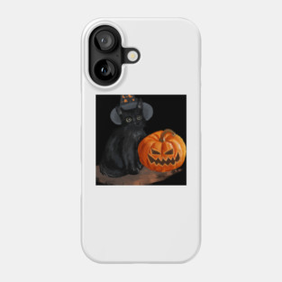 Halloween Cat with Scary Orange Pumpkin and Party Hat Phone Case