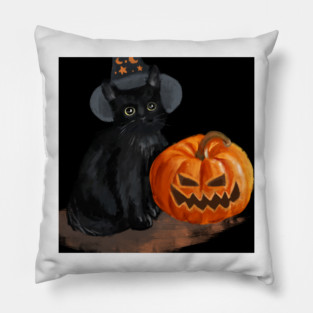 Halloween Cat with Scary Orange Pumpkin and Party Hat Pillow