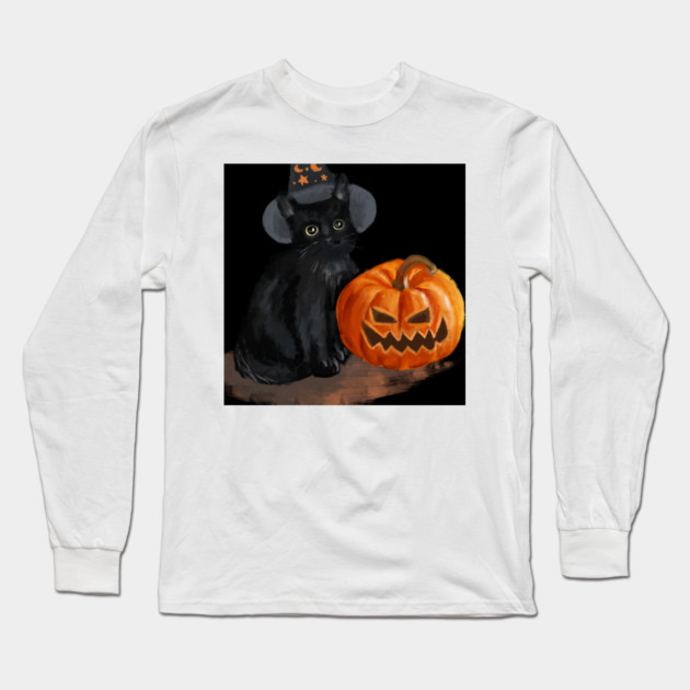 Halloween Cat with Scary Orange Pumpkin and Party Hat Long Sleeve T-Shirt by BirdsnStuff