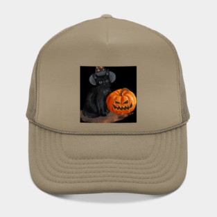 Halloween Cat with Scary Orange Pumpkin and Party Hat Hat