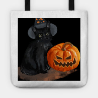 Halloween Cat with Scary Orange Pumpkin and Party Hat Tote