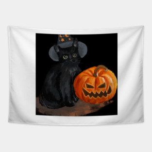 Halloween Cat with Scary Orange Pumpkin and Party Hat Tapestry