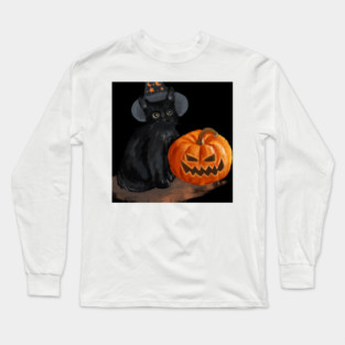 Halloween Cat with Scary Orange Pumpkin and Party Hat Long Sleeve T-Shirt