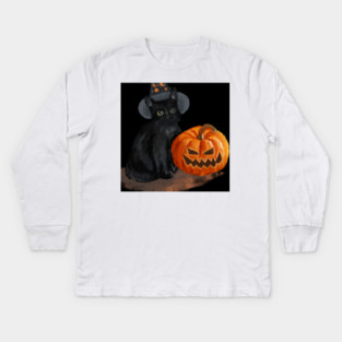 Halloween Cat with Scary Orange Pumpkin and Party Hat Kids Long Sleeve T-Shirt