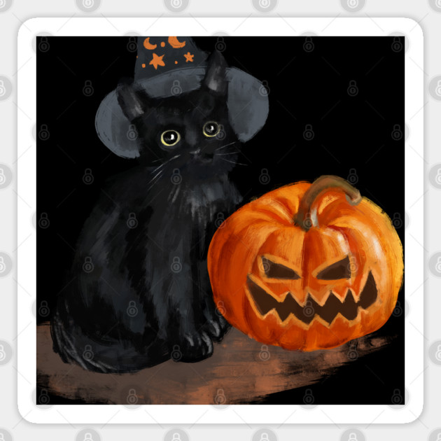 Halloween Cat with Scary Orange Pumpkin and Party Hat Sticker by BirdsnStuff