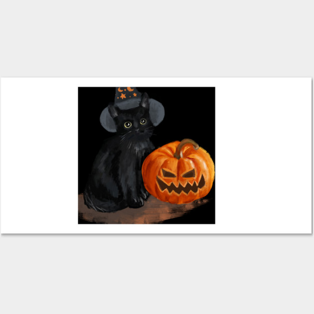 Halloween Cat with Scary Orange Pumpkin and Party Hat Wall Art by BirdsnStuff