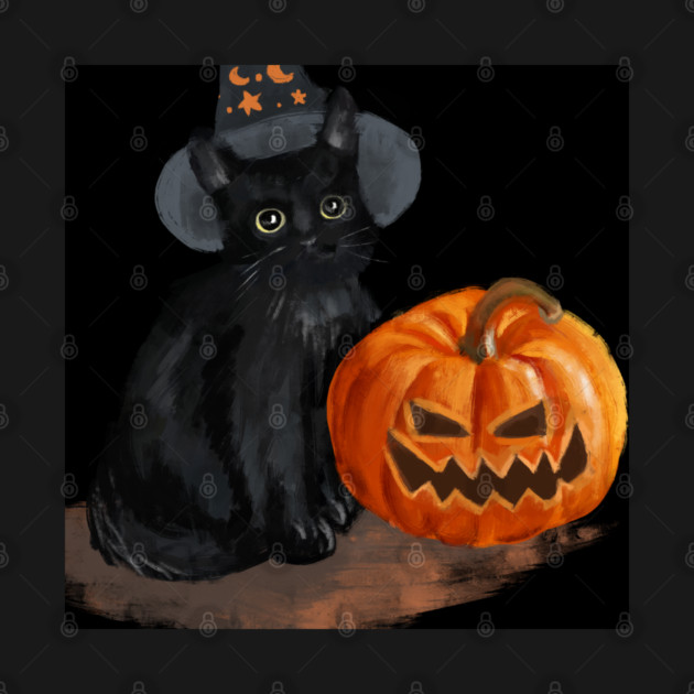Halloween Cat with Scary Orange Pumpkin and Party Hat by BirdsnStuff