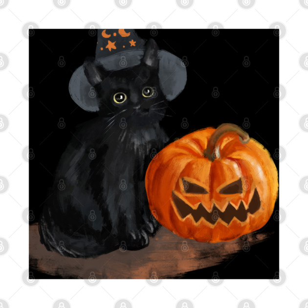 Halloween Cat with Scary Orange Pumpkin and Party Hat by BirdsnStuff