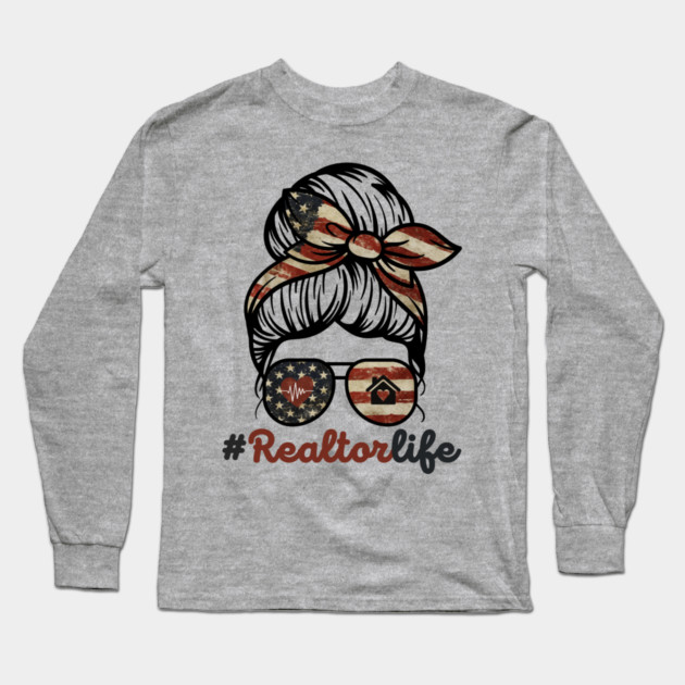 Realtor Life Messy Bun US Flag Long Sleeve T-Shirt by The WYLD Tribe