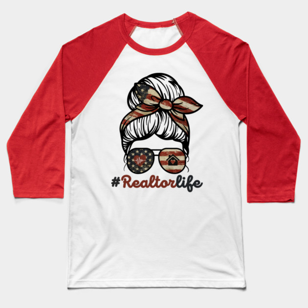 Realtor Life Messy Bun US Flag Baseball T-Shirt by The WYLD Tribe