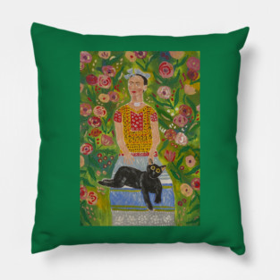 Frida Kahlo and Her Black Cat among Roses Pillow