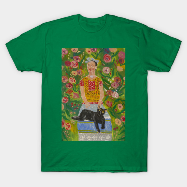 Frida Kahlo and Her Black Cat among Roses T-Shirt by Casimirasquirkyart