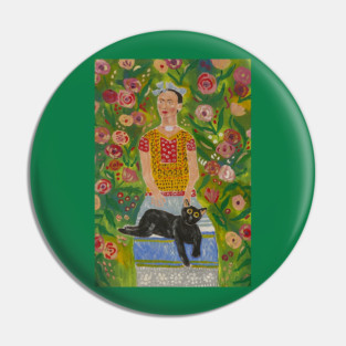 Frida Kahlo and Her Black Cat among Roses Pin
