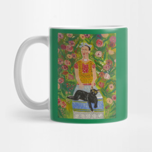 Frida Kahlo and Her Black Cat among Roses Mug