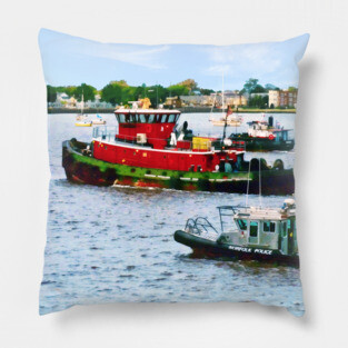 Norfolk VA - Police Boat and Two Tugboats Pillow