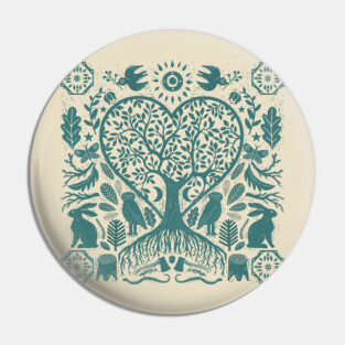 Rustic Early American Tree Of Life Woodcut Pin