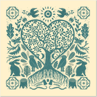 Rustic Early American Tree Of Life Woodcut Posters and Art