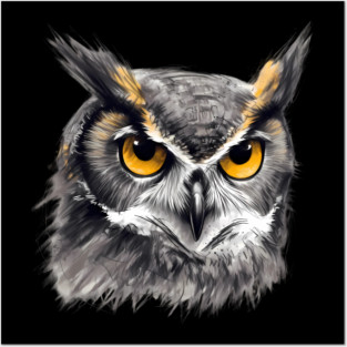 Enigmatic Wisdom: Grey and Yellow Owl Posters and Art