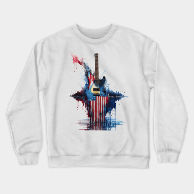 4th of July Guitar Design with American Flag Crewneck Sweatshirt by Pixel Threads 