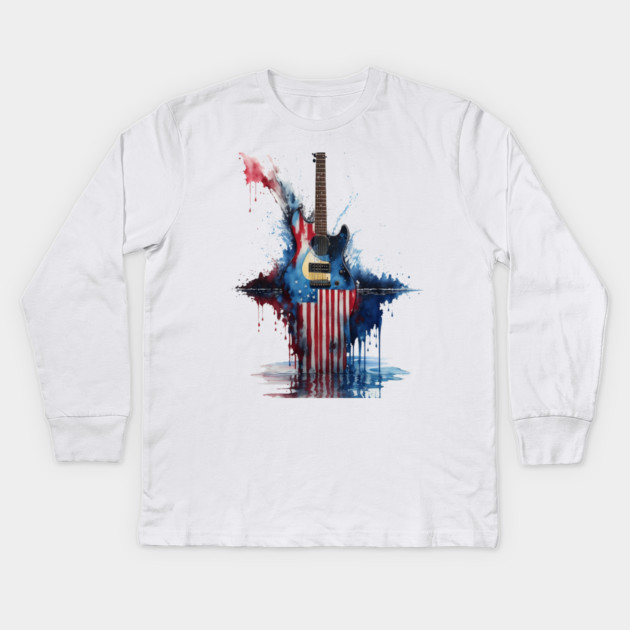 4th of July Guitar Design with American Flag Kids Long Sleeve T-Shirt by Pixel Threads 