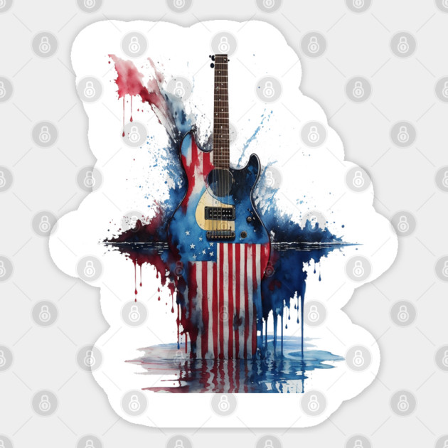 4th of July Guitar Design with American Flag Sticker by Pixel Threads 