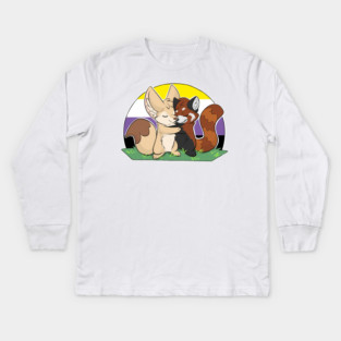 Nonbinary - Fennec Fox + Red Panda Hug Kids Long Sleeve T-Shirt