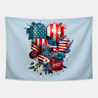 America Patriotic Stars Butterflies and Hearts Tapestry