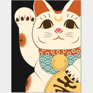 Lucky Moon Cat Maneki Neko Posters and Art
