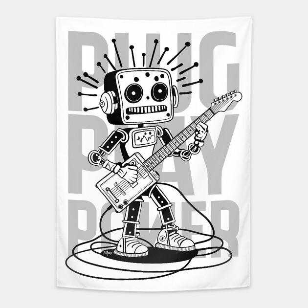 Metal Pulse. Robot Guitarist (B&W) Tapestry by filiposwear