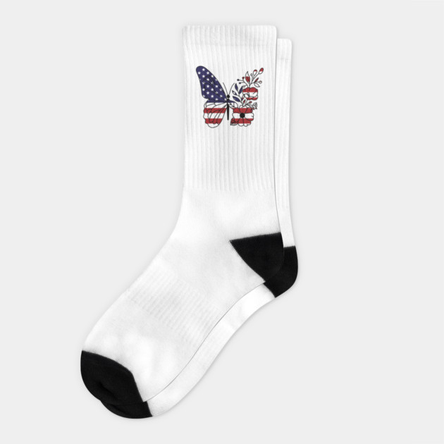 American Flag with Floral Butterfly, 4th of July Socks by Darksavage