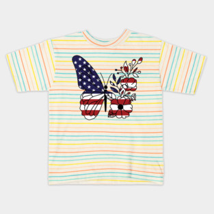 American Flag with Floral Butterfly, 4th of July Kids T-Shirt