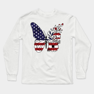 American Flag with Floral Butterfly, 4th of July Long Sleeve T-Shirt