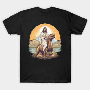Jesus Christ on a Velociraptor Funny Dinosaur Meme T-Shirt