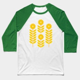 LOVE ME LOVE ME NOT Folk Art Mid-Century Modern Scandi Floral in Yellow and Orange on Green - UnBlink Studio by Jackie Tahara Baseball T-Shirt