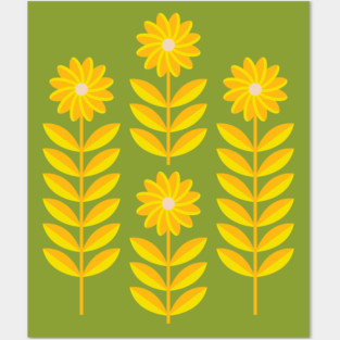 LOVE ME LOVE ME NOT Folk Art Mid-Century Modern Scandi Floral in Yellow and Orange on Green - UnBlink Studio by Jackie Tahara Posters and Art