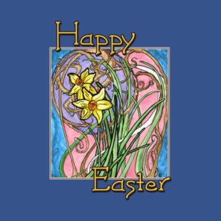 Happy Easter! Colorful Watercolor Daffodils on Blue Marble T-Shirt