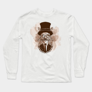 Steampunk Professor Apparel Design - Victorian-Inspired Top Hat & Gears Graphic Tee Long Sleeve T-Shirt