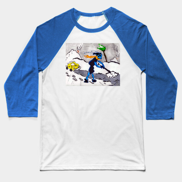 Alien Ant Shoveling Snow Baseball T-Shirt by DonWillisJrArt