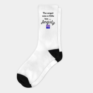 "Too Angsty" black letters nerdy logo -Nerdy Romantics Podcast Socks