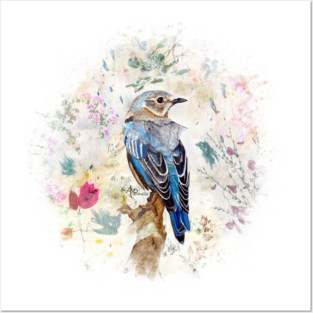 Bluebird and Flowers Posters and Art
